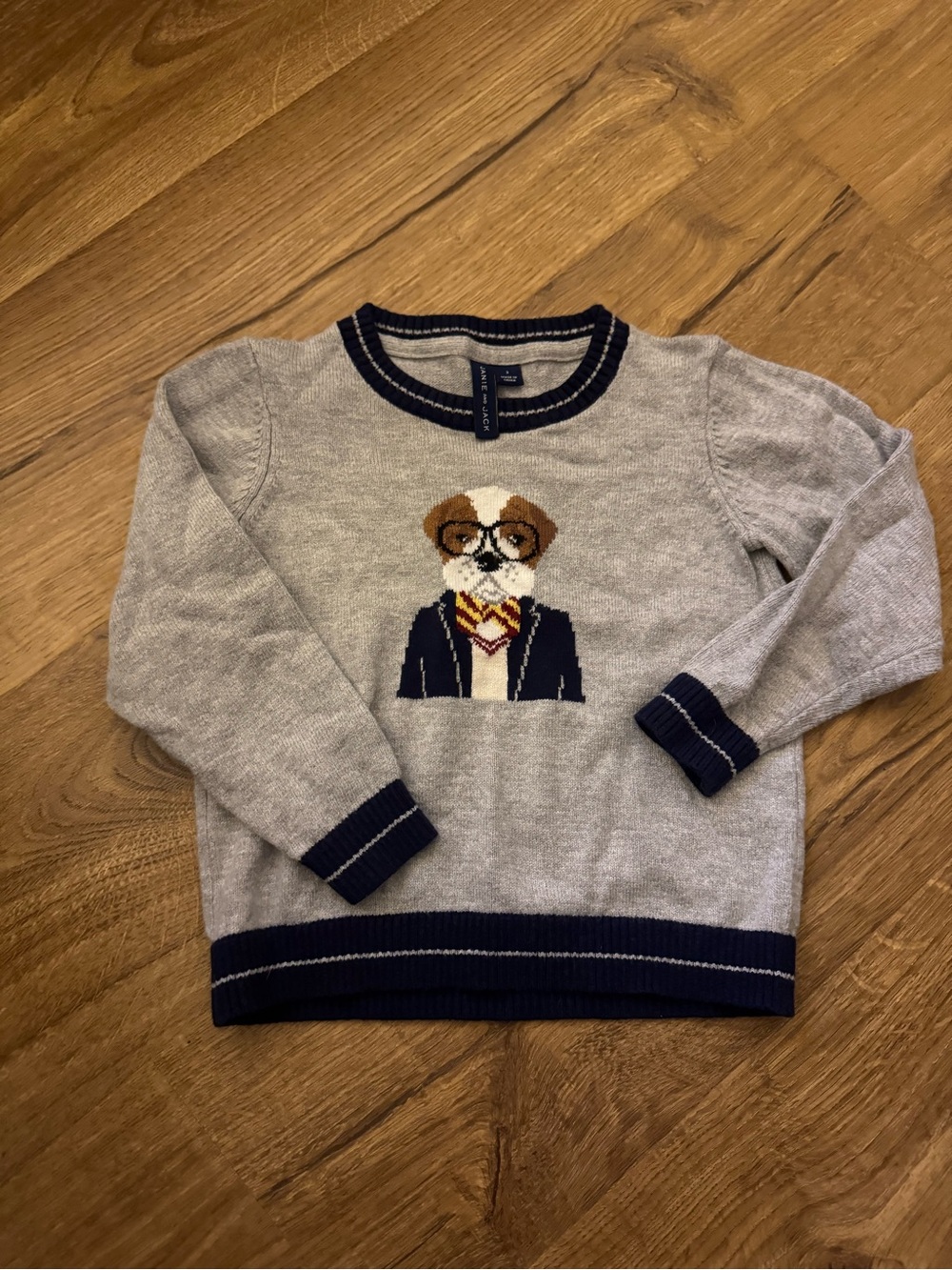 Janie and Jack Light Gray Crewneck Sweater with Navy Trim (Size 3)